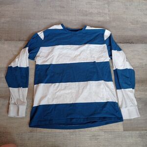Primitive Shirt Mens Blue White Wide Striped Pullover Long Sleeve Size L